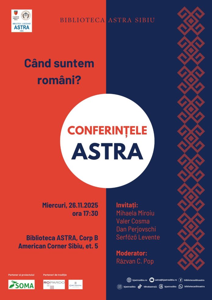 Interiorul Bibliotecii Județene ASTRA, unde are loc dezbaterea despre identitatea națională românească