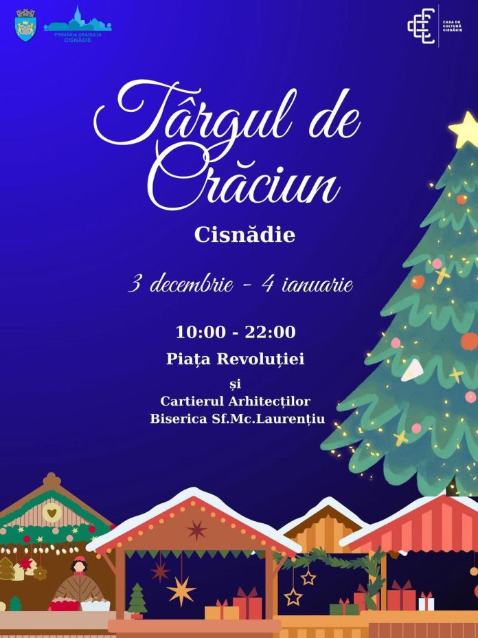 Târg de Crăciun Cisnădie cu brad luminat și chioșcuri din lemn în piață