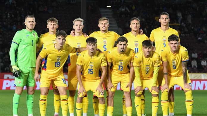 Echipa României U21 în acțiune pe Stadionul Municipal din Sibiu, în meciul cu Spania