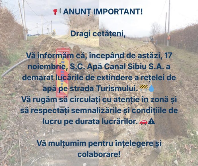 Lucrări de extindere rețea apă pe strada Turismului din Sadu, cu utilaje și șantier deschis