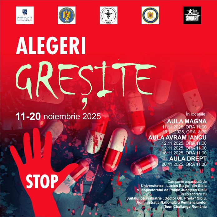 Doi foști consumatori de droguri discută cu studenții sibieni în cadrul campaniei Alegeri greșite despre dependență.