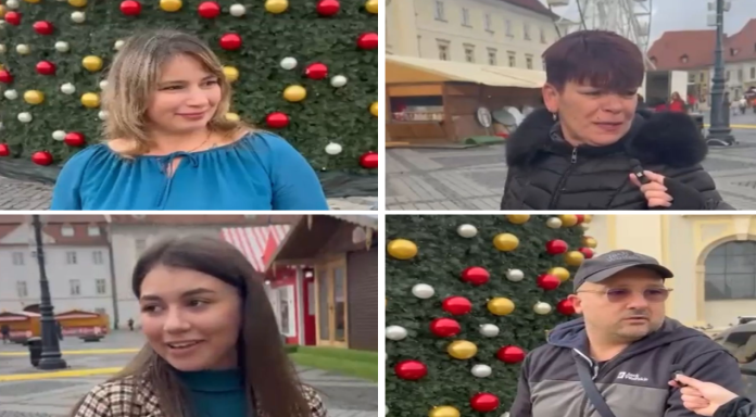 Captură ecran Târgul de Crăciun din Sibiu cu decoruri festive și oameni în atmosfera sărbătorii
