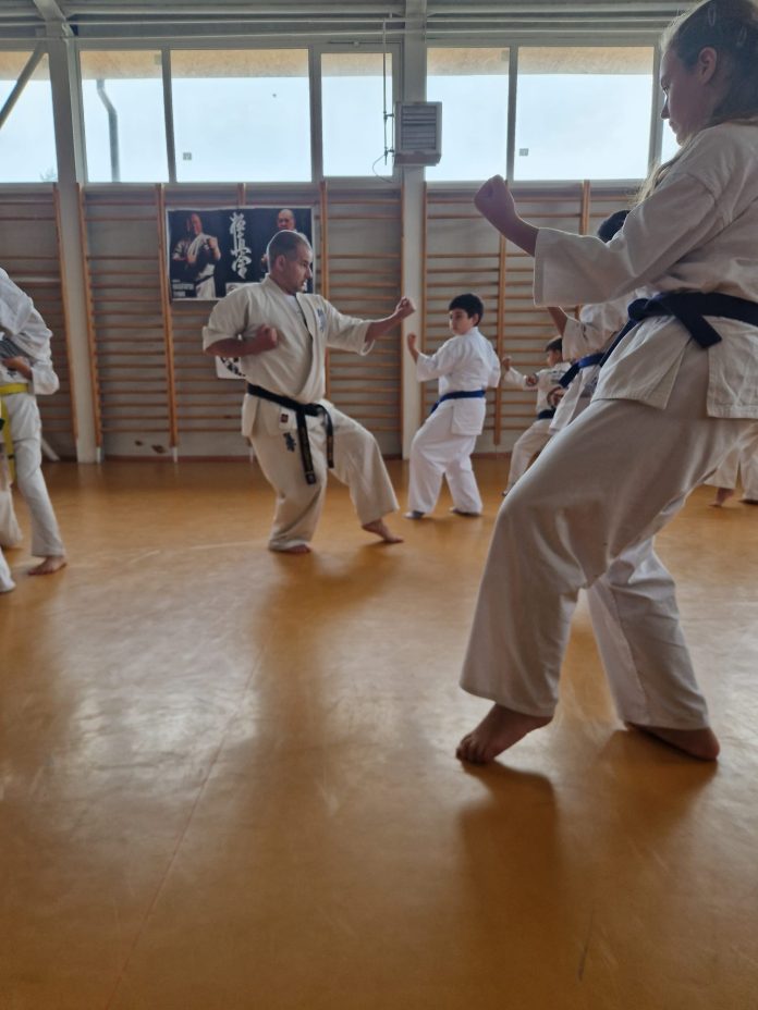 Atlet la Campionatul Mondial de Karate Sibiu 2028 executând o mișcare dinamică de kata sau kumite