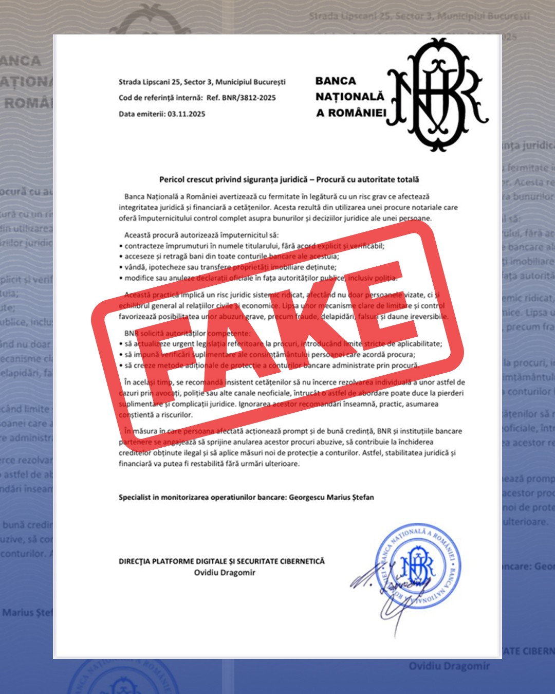 Document fals BNR, așa cum apare pe ecran, marcaj roșu de atenționare