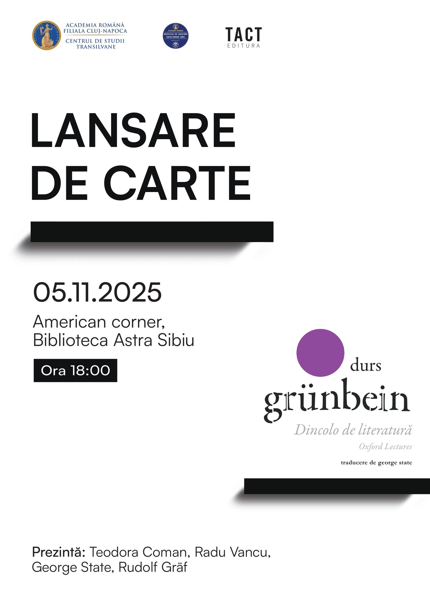 Autorul Durs Grünbein la lansarea cărții „Dincolo de literatură” în Biblioteca Astra, Sibiu