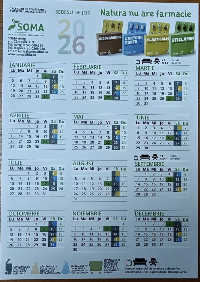 Calendarul de colectare a deșeurilor Turnu Roșu pentru anul 2026, afișat pe un panou public