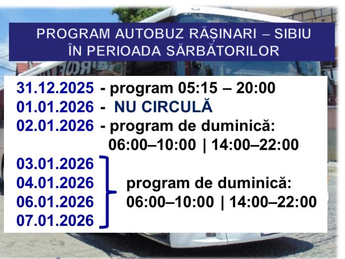 Autobuz Rășinari – Sibiu pe un drum acoperit de zăpadă, în timpul sărbătorilor de iarnă