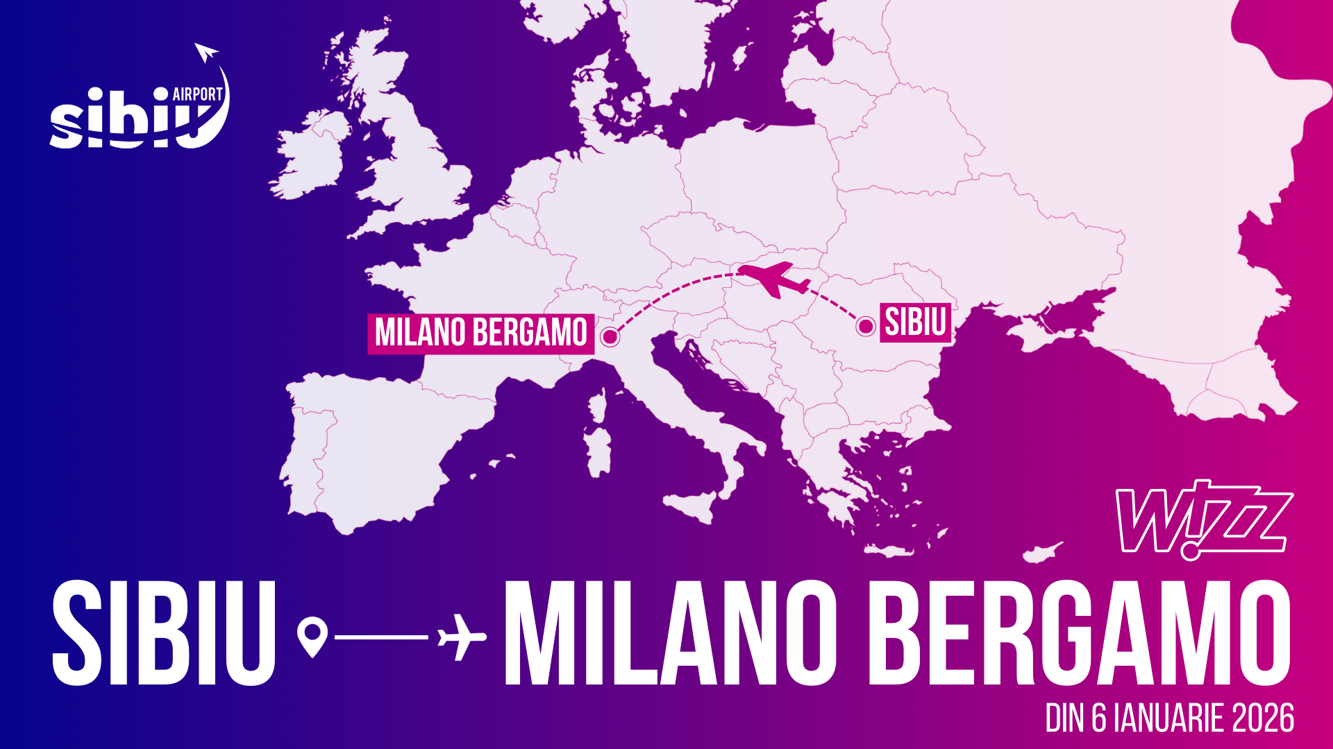 Rută zbor direct Sibiu Milano Bergamo, operațională din ianuarie 2026