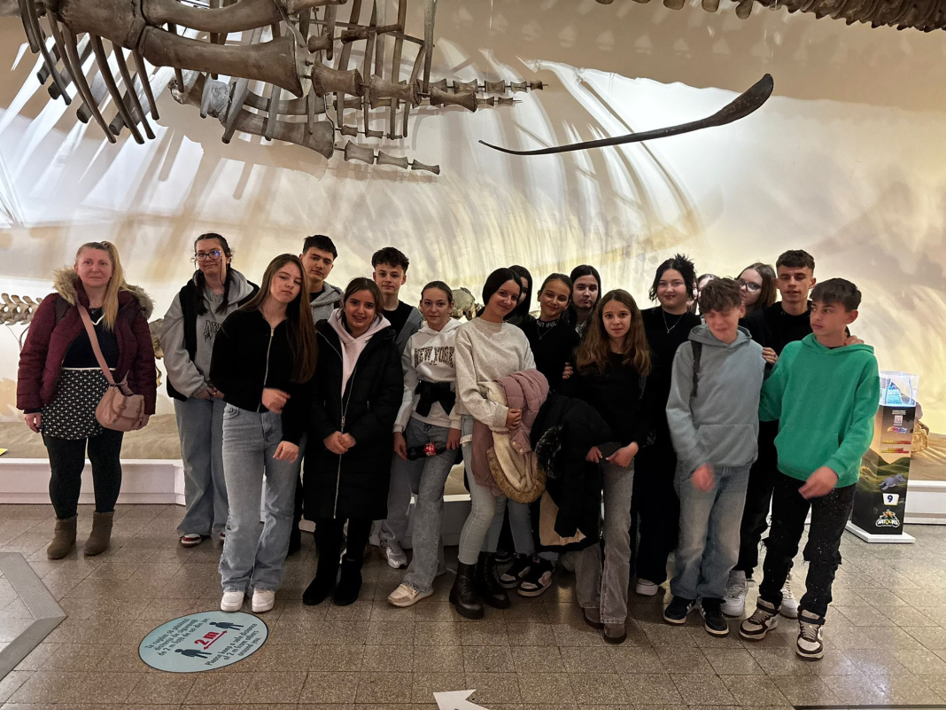image Elevi din Rășinari ascultând un ghid la Muzeul Antipa, în fața unui schelet de dinozaur