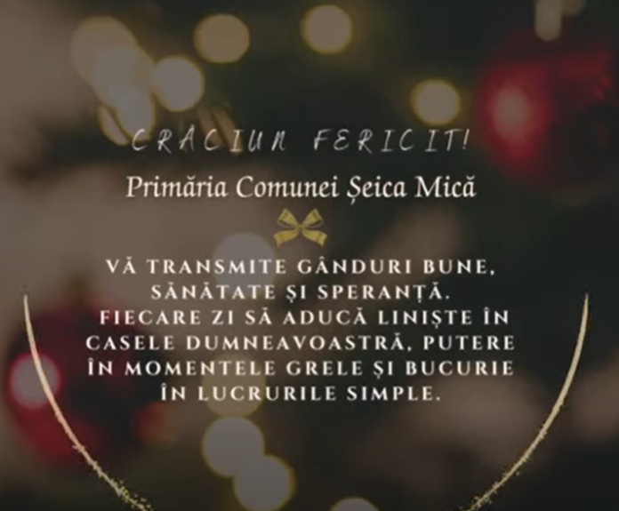 Mesaj de sărbători de la Primăria Șeica Mică, afișat pe un ecran