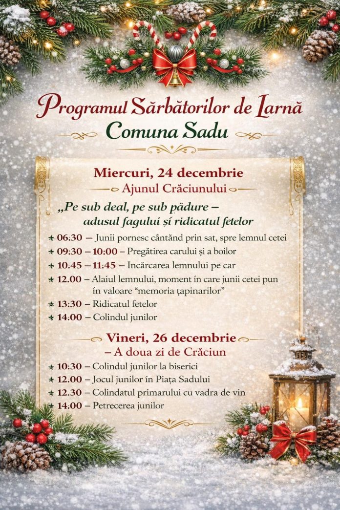 Junii din Comuna Sadu, îmbrăcați în costume tradiționale românești, defilează în timpul sărbătorilor de iarnă