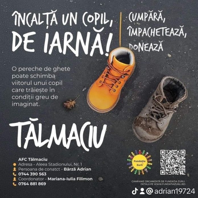 Adrian Bârză distribuie pantofi de iarnă copiilor nevoiași prin campania „Înclăță un copil de iarnă”