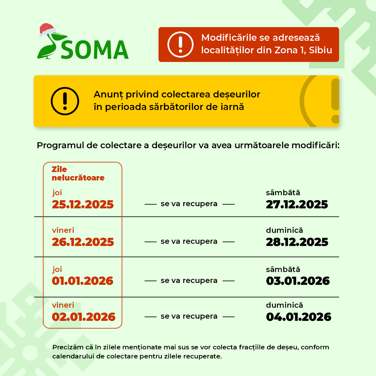 Program modificat de colectare deșeuri SOMA Sibiu pentru sărbătorile de iarnă 2025-2026