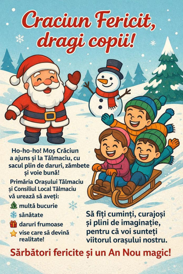 Ioan Oancea și Ioan Opincariu de la Primăria Tălmaciu alături de un grup de copii în timpul evenimentului festiv