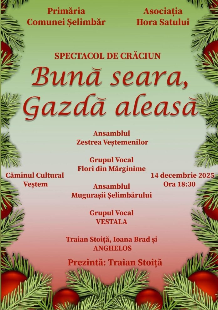 Spectacol de Crăciun la Veștem, scenă din piesa „Bună seara, Gazdă aleasă” cu actori în costume tradiționale