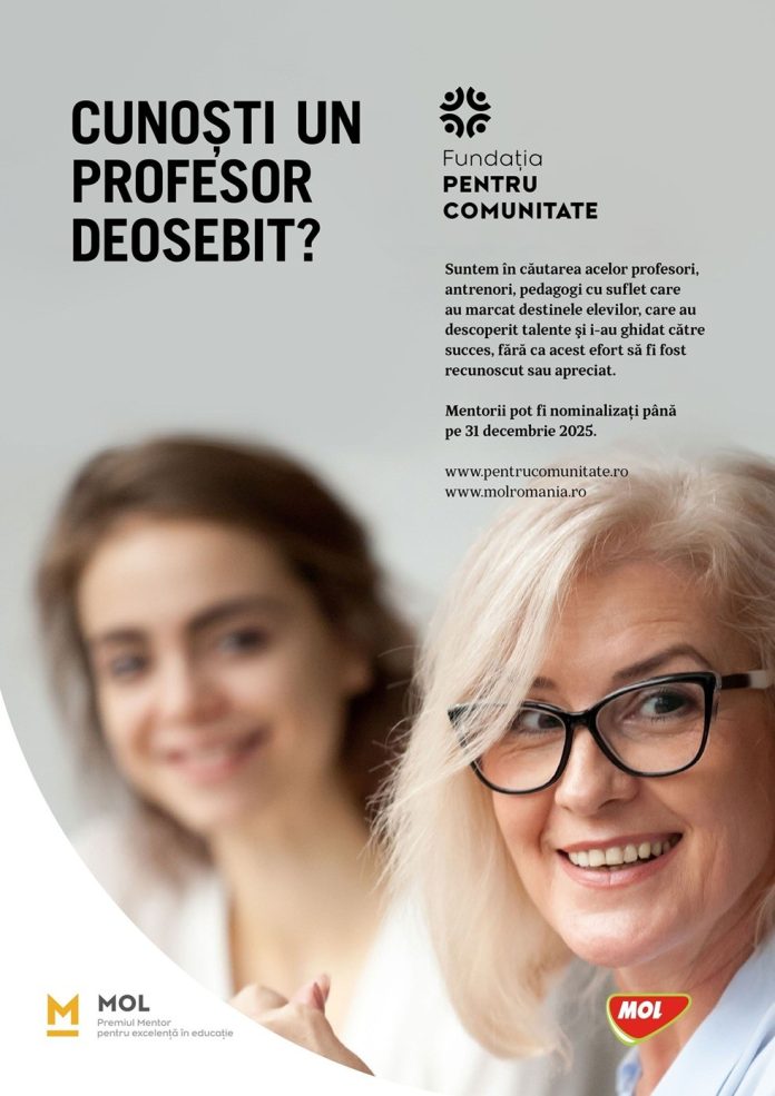 Afisul oficial al Premiului Mentor 2025 pentru nominalizarea profesorilor inspiraționali.
