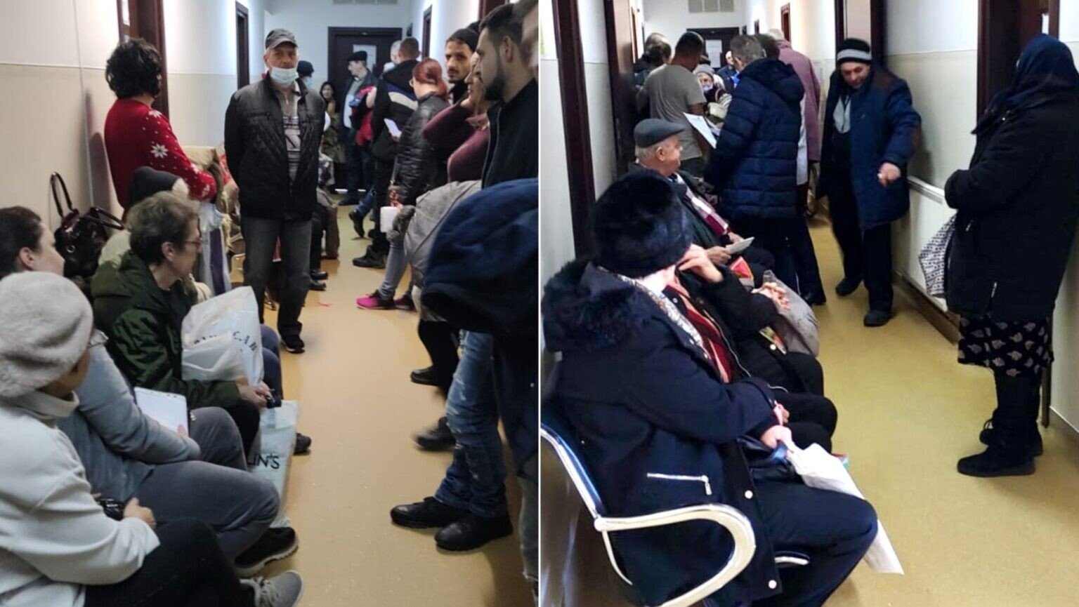 Oameni stau la coadă în fața Spitalului Județean din Sibiu, agitație la primele ore pentru programări.