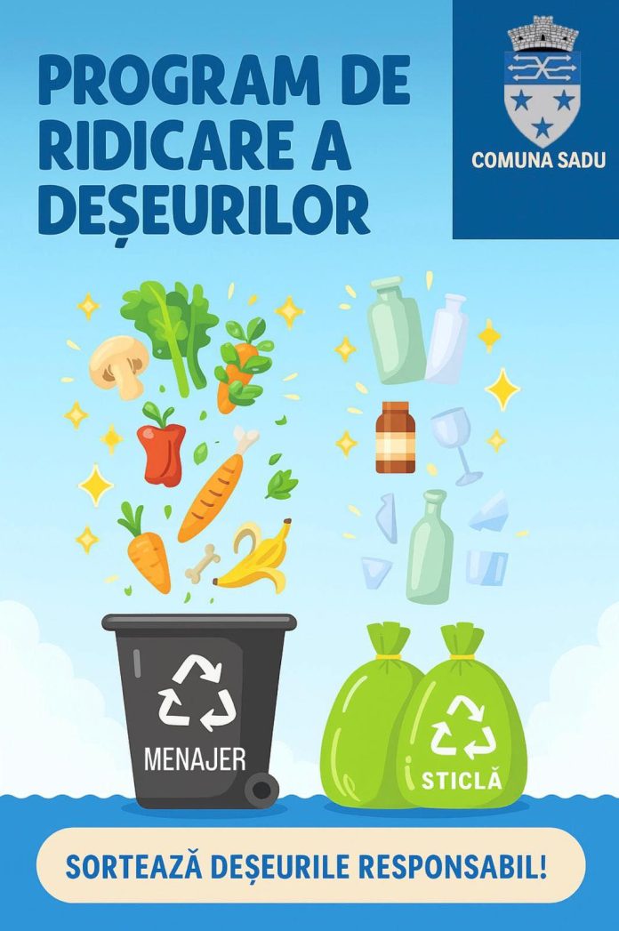 Camion de colectare deșeuri pe străzile comunei Sadu, conform noului program anunțat.