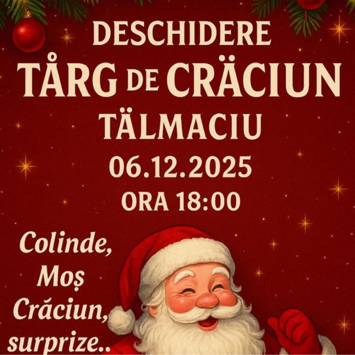Târg de Crăciun Tălmaciu cu bărcuțe iluminate și tarabe festive decorate pentru sărbătoare.