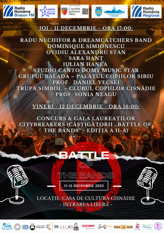 Afis pentru Battle of the Bands 2025 prezentând trupă și detalii evenimentul din Cisnădie
