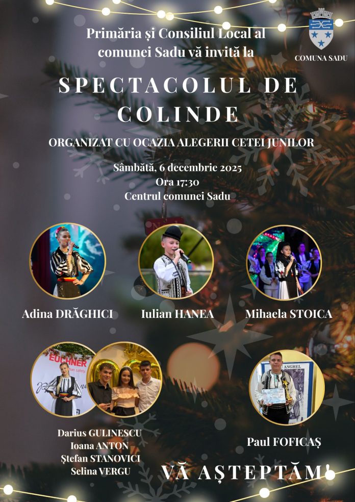 Afis pentru sărbătorile de la Comuna Sadu, 6 decembrie 2025, cu Moș Nicolae și colinde