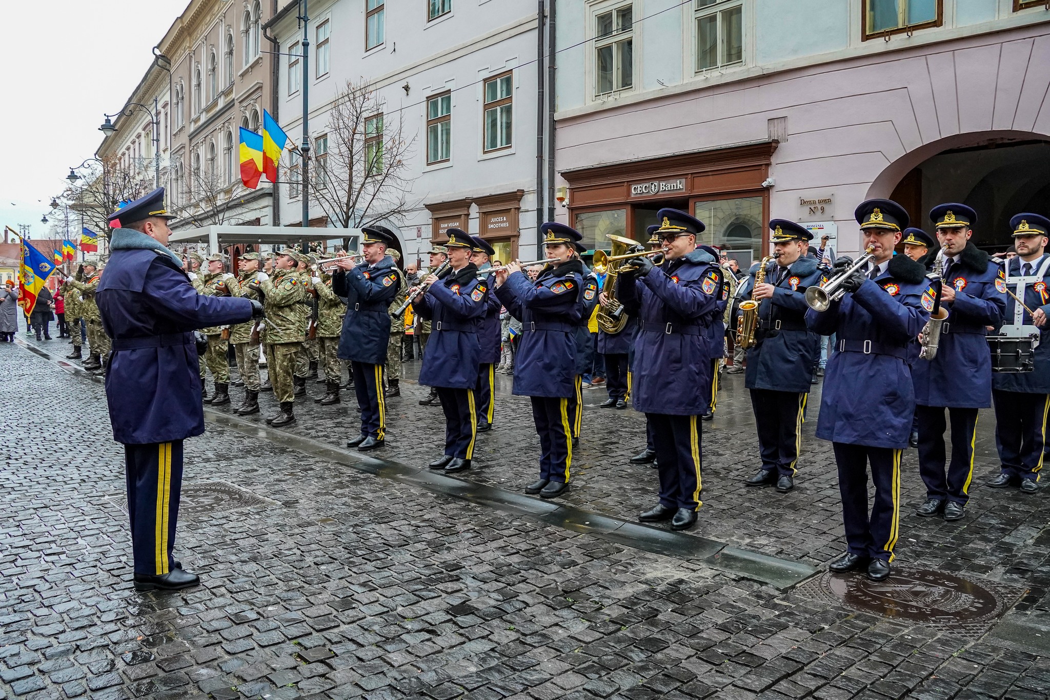 Ofițeri și studenți ai Academiei Forțelor Terestre la ceremonie, cu drapelul României în fundal.