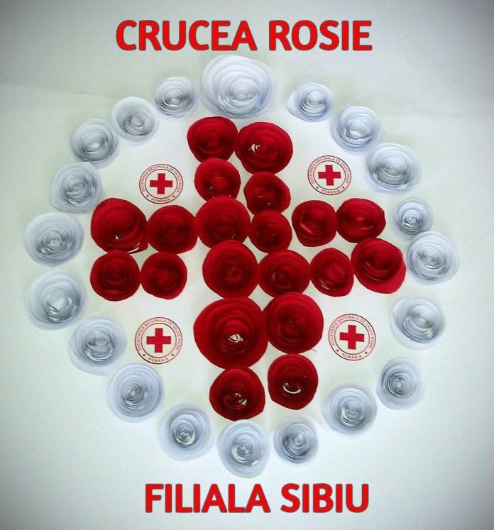 Membri ai Crucii Roșii Sibiu la o activitate comunitară, alături de reprezentanți locali