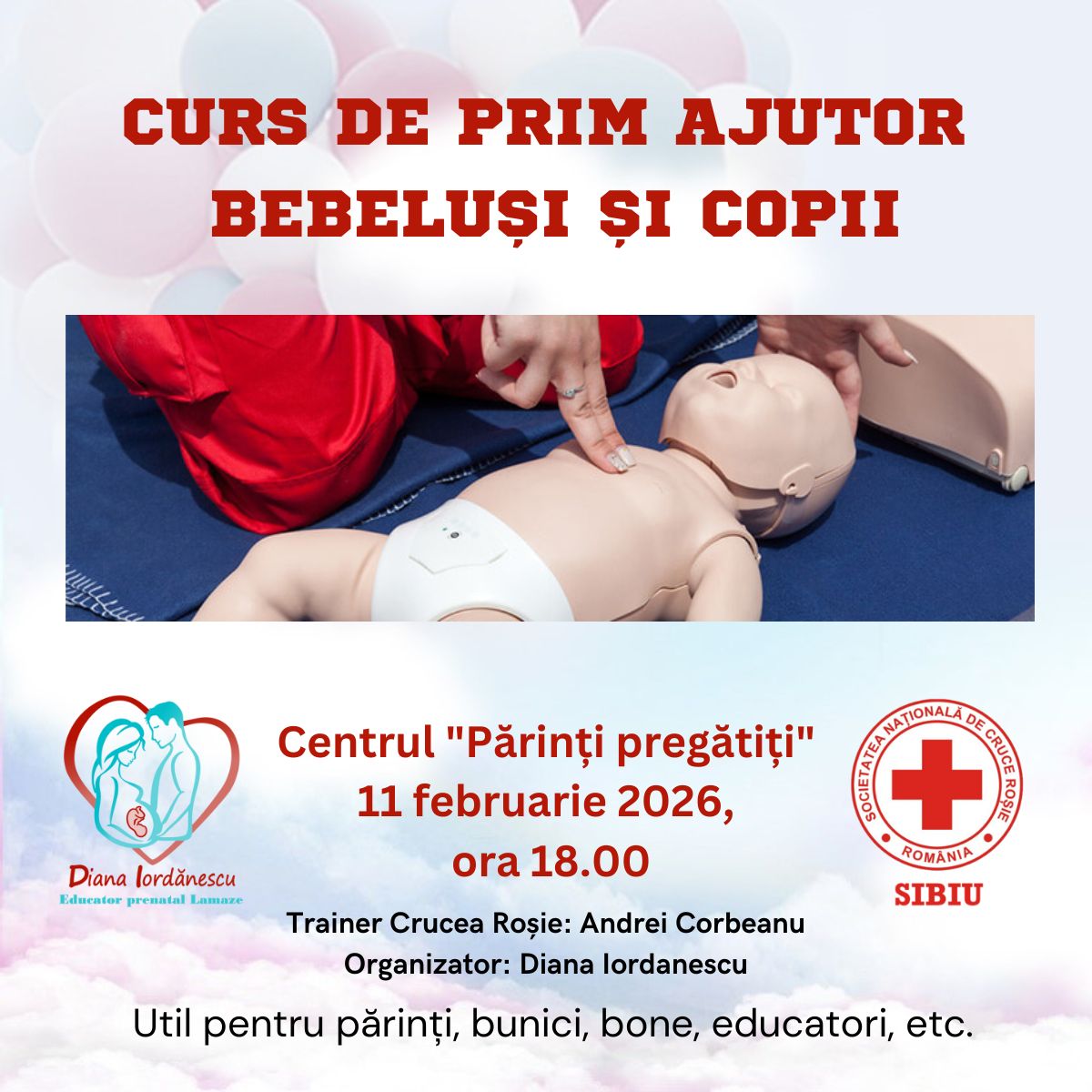 Participanți la cursul de prim ajutor pentru copii organizat de Crucea Roșie Sibiu