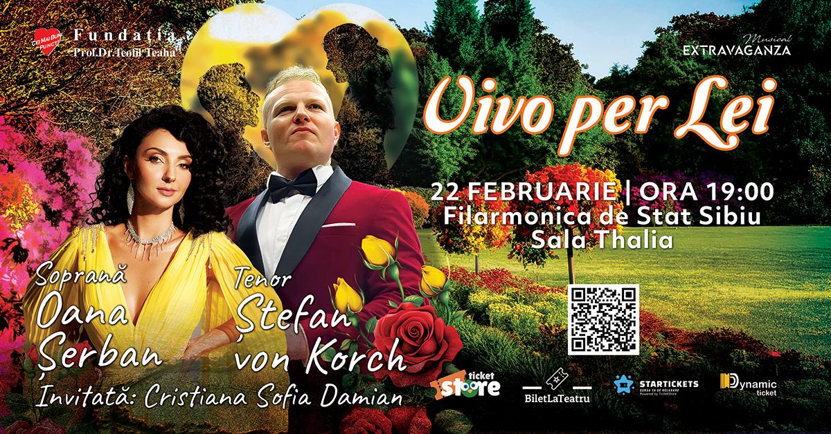 Poster promoțional color pentru concertul Vivo per lei din 22 februarie, cu detalii eveniment