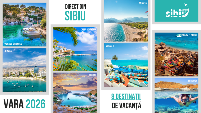 Hartă cu destinațiile de vacanță cu zboruri directe Sibiu pentru vara 2026, inclusiv Sharm el Sheikh.
