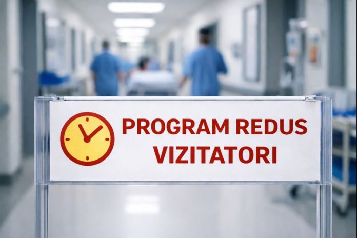 Program restrâns pentru vizitatori la Spitalul de Pneumoftiziologie Sibiu afișat pe un panou.