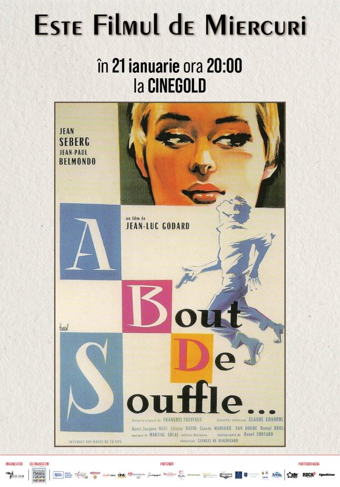 Afisul filmului À Bout de Souffle, Jean-Paul Belmondo și Jean Seberg, la ESTE Filmul de Miercuri.