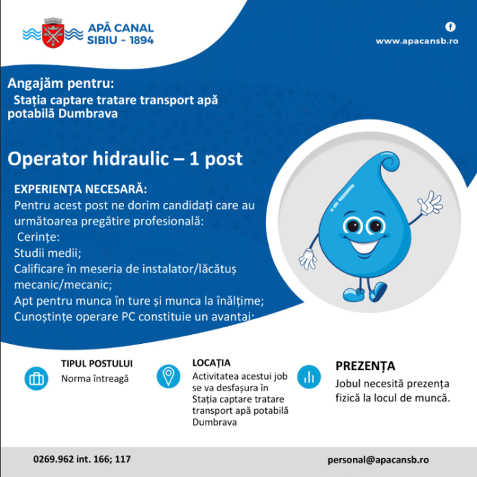 Cerințe și condiții pentru postul de operator hidraulic la Stația Dumbrava.