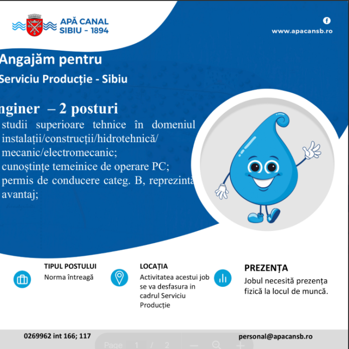 Screenshot anunț angajare ingineri la APĂ CANAL SIBIU S.A.