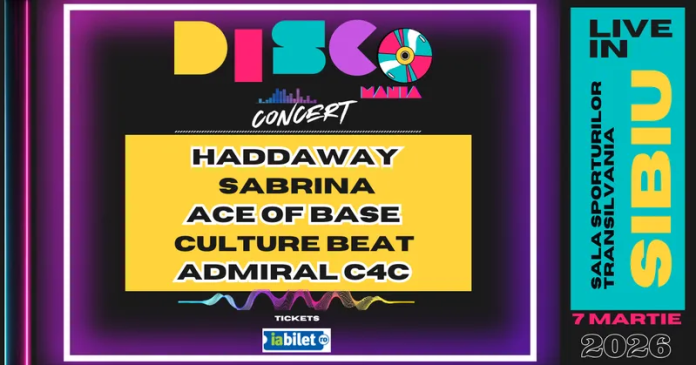 Concert Disco Mania Sibiu cu artiști retro precum Haddaway, Sabrina și Ace of Base pe scenă.