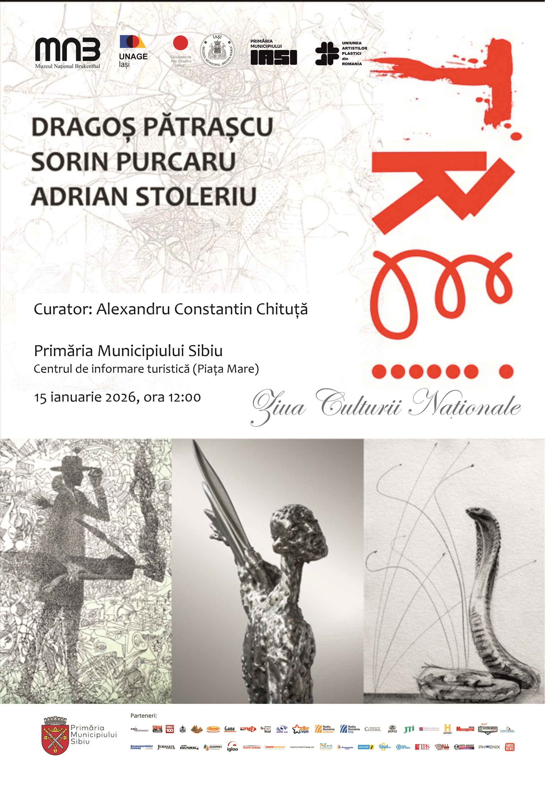 Afis expozitie TREI, cultura nationala la Sibiu, cu artistii contemporani Adrian, Mircea si Sorin Pop