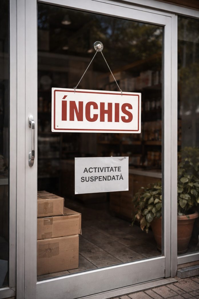 Firmă închisă cu ușa încuiată, ilustrând valul de dizolvări firme Sibiu
