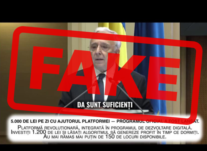 Captură de ecran a unui video deepfake fals cu guvernatorul BNR promovând o platformă de investiții