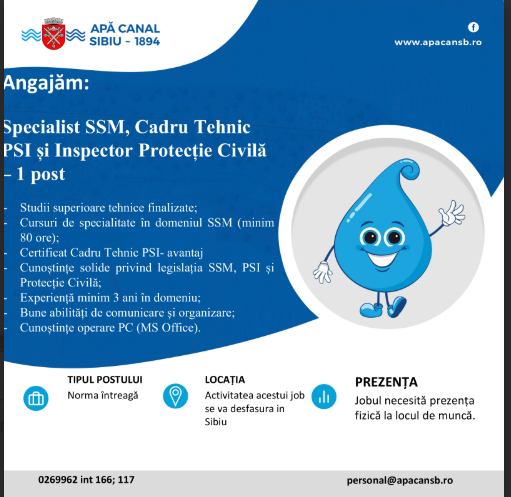 Cerințe și detalii pentru posturile de Specialist SSM și Inspector Protecție Civilă în Sibiu