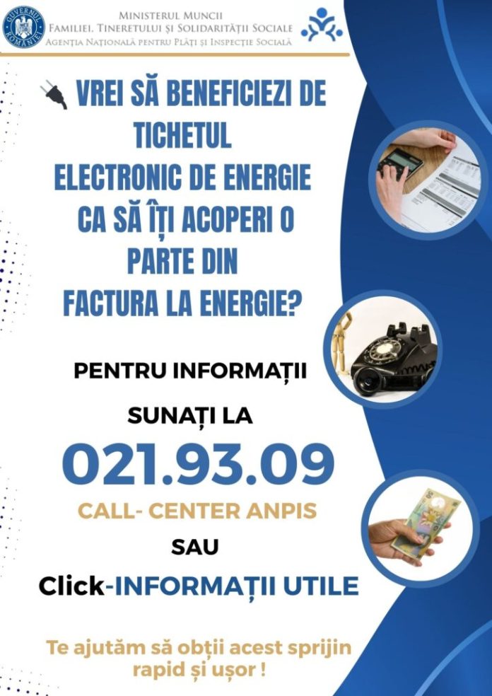 Flyer informativ despre programul de tichet electronic energie pentru facturile la curent.
