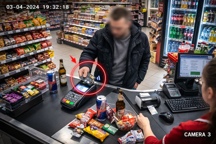 Plată frauduloasă efectuată cu un card găsit, ilustrând modul de utilizare neautorizată.