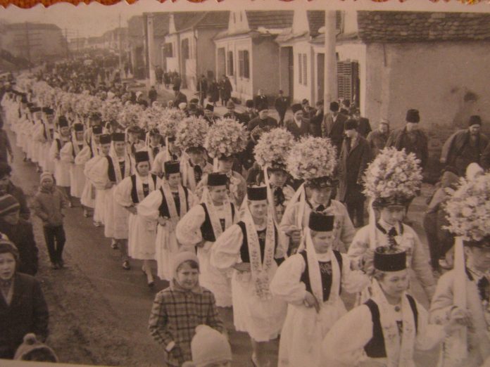 Vedere panoramică asupra festivalului Blumenfest Axente Sever cu mulțimea și căruțele