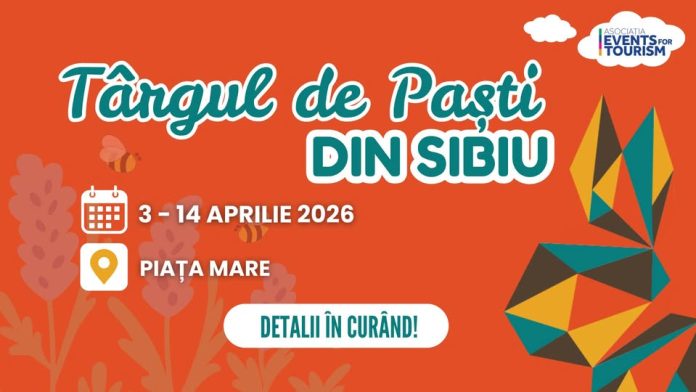 Târgul de Paști Sibiu în Piața Mare cu brad decorat și tarabe tradiționale