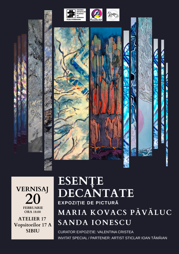 Afisul expozitiei artistice Esențe decantate de la Galeria Atelier 17 Sibiu