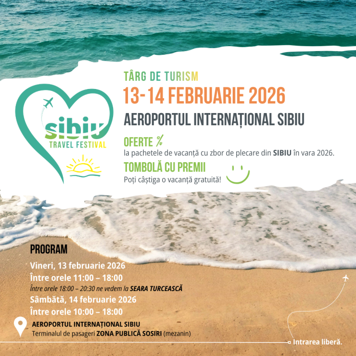 Poster promoțional pentru Sibiu Travel Festival 2026, cu detalii despre oferte și evenimente