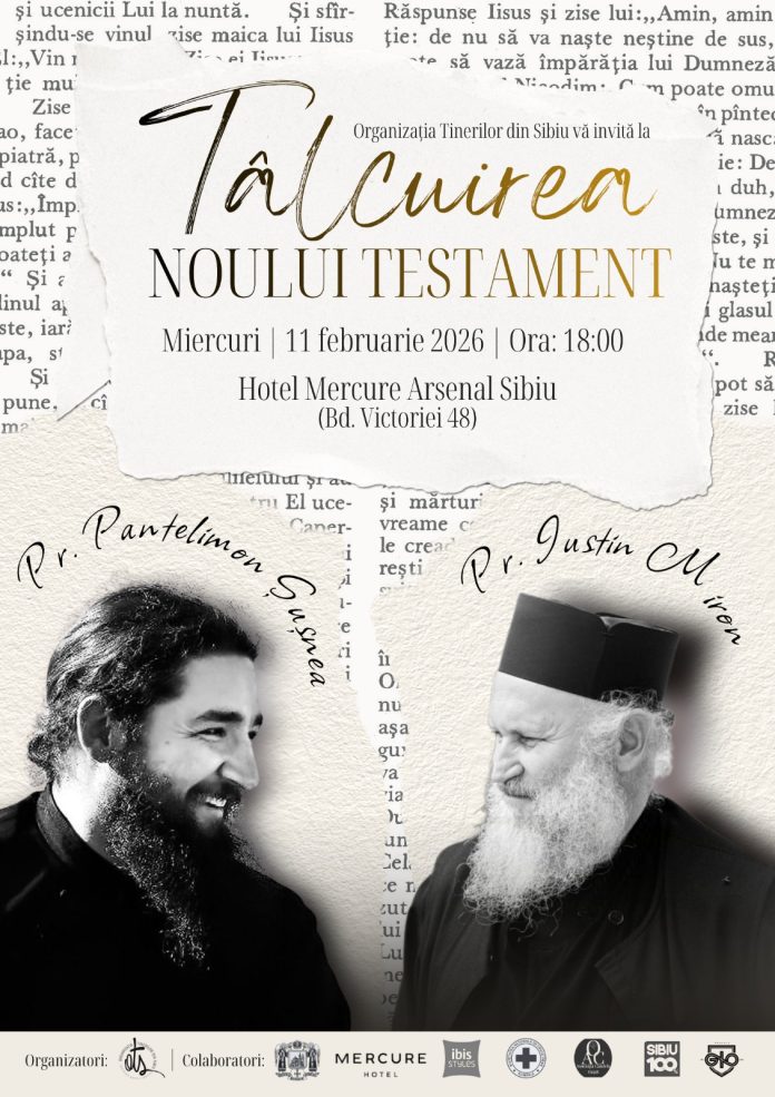 Arhimandritul Iustin Miron și Ieromonahul Pantelimon Șușnea la conferința de tâlcuire a Noului Testament din Sibiu