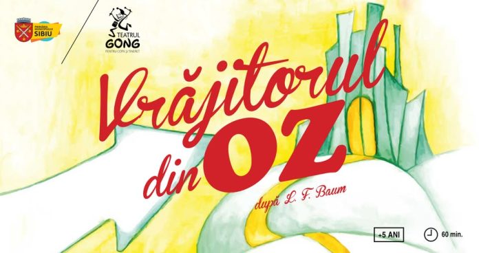 Scenă din spectacolul Vrăjitorul din Oz la Teatrul Gong, cu personaje colorate pe fundal magic.