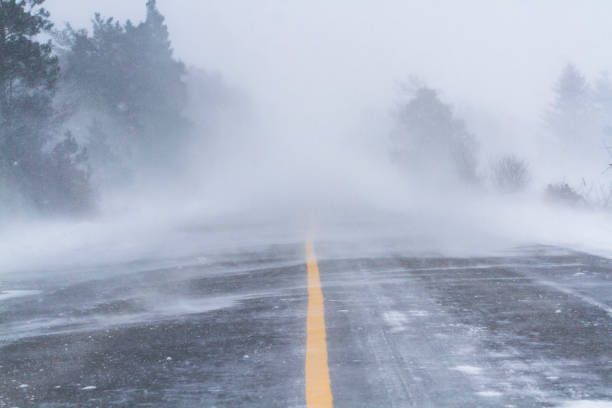 Fierce blizzard covers a strip of road with snow. Winter road conditions.