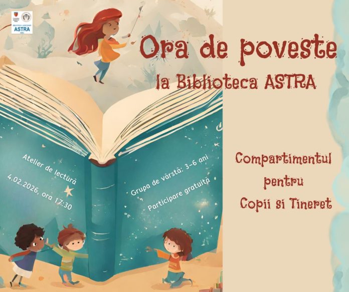Copii atenți la o sesiune de lectură Ora de Poveste la Biblioteca ASTRA Sibiu.
