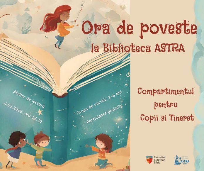821 Copii așezați în cerc pentru o fermecată oră de poveste la Biblioteca ASTRA Sibiu.